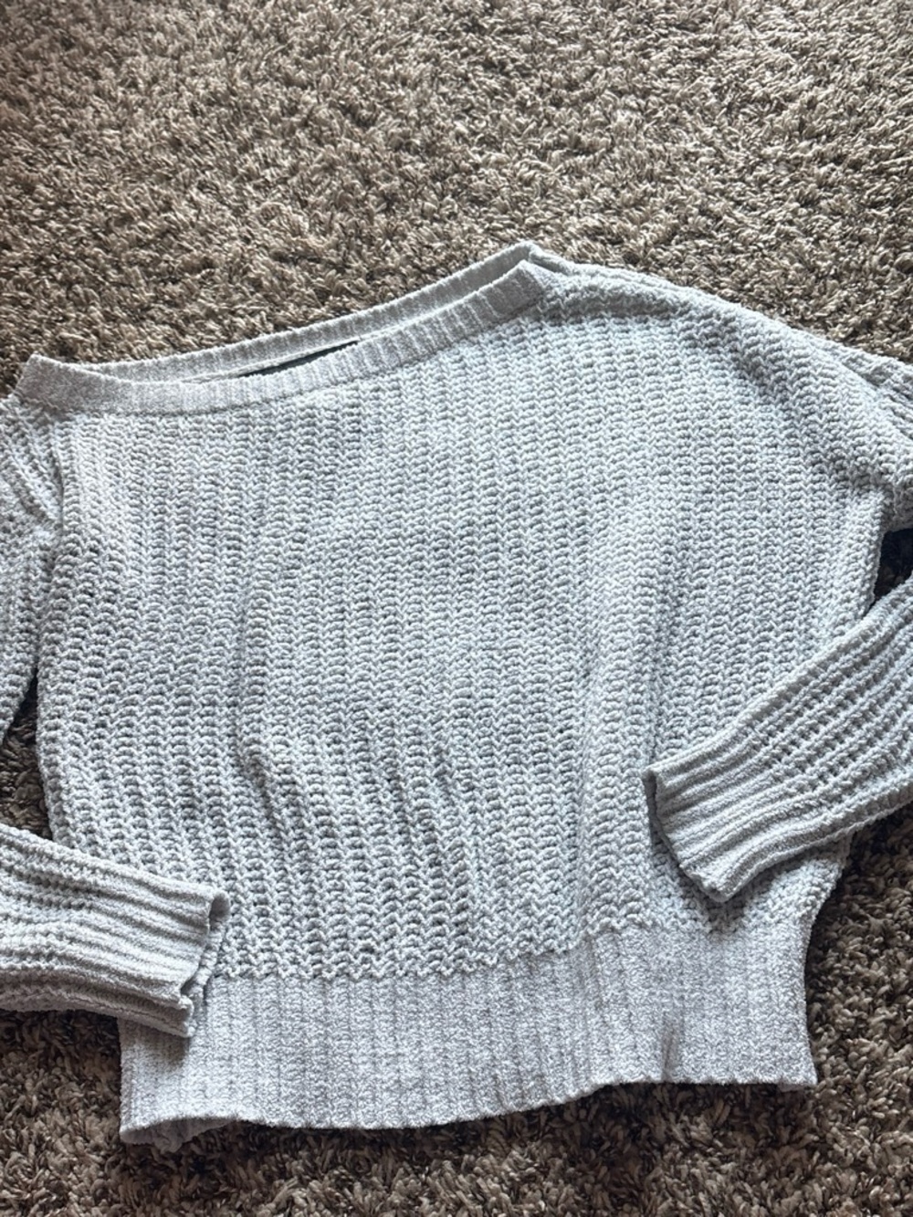 Polly & Esther Pale Gray Off-Shoulder Knit Pullover